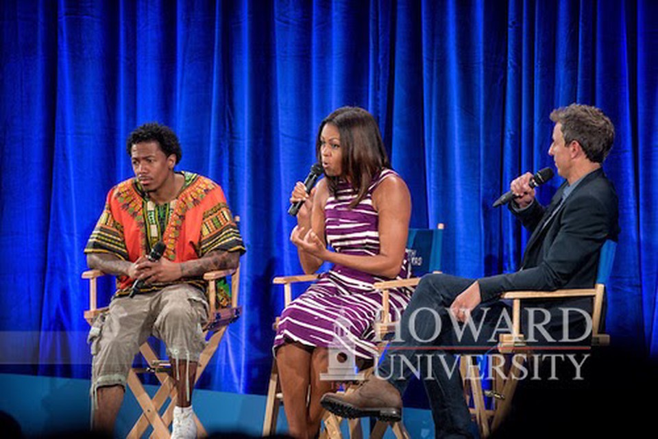 Michelle Obama sits on stage at Howard University and address a group of students